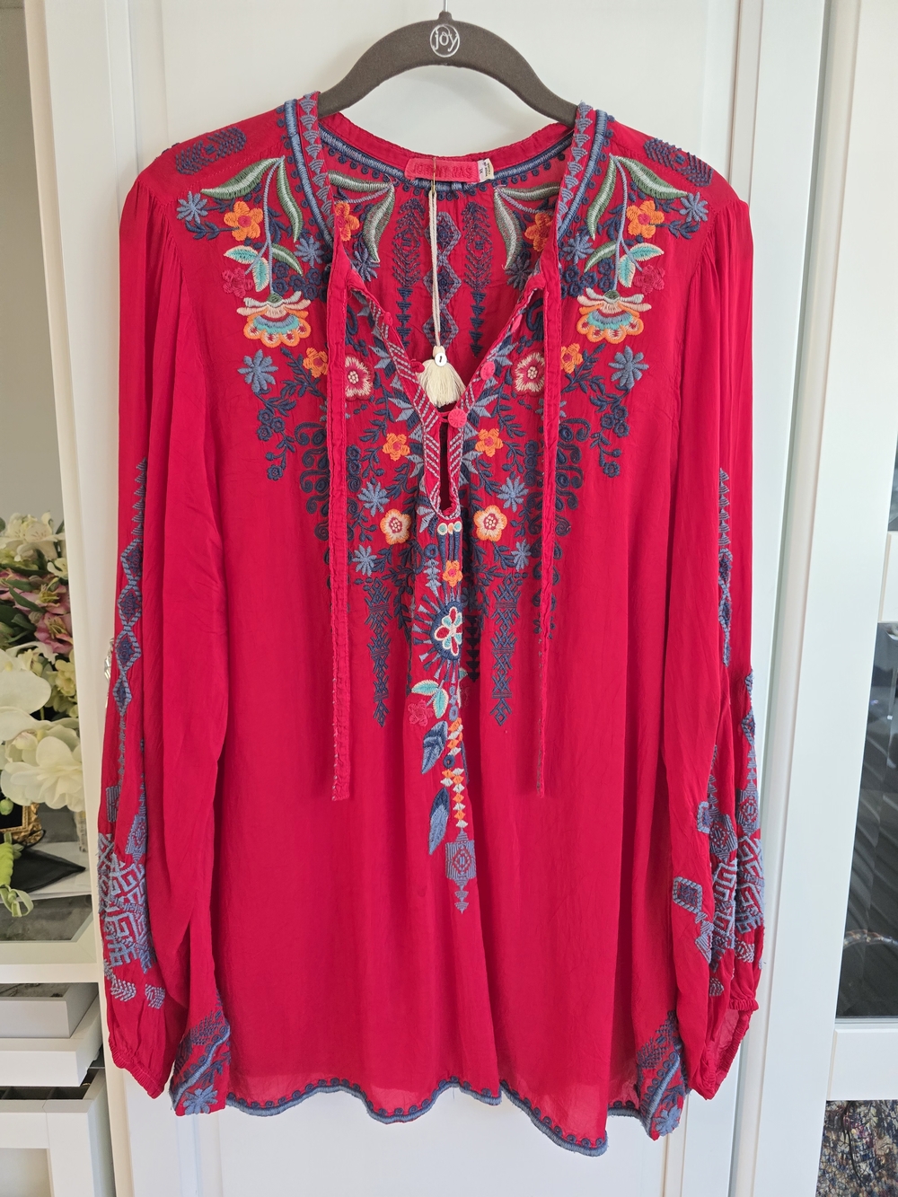 Johnny Was Red Embroidered Boho Tunic with Tassel Tie